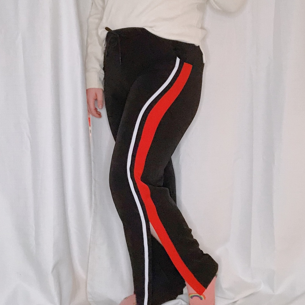 Black striped dressy track pants with ankle slit